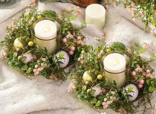 Bunte Ostereier aus Glas, Teelichthalter, Tassen, Kerzenständer, Lampe, Kerzenhalter mit künstlichen Pflanzen, Blumen für Frühling, Ostern, Zuhause, Tischdekoration (ohne Kerzen), 2 Stück