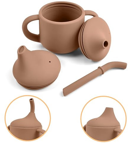 Pumpkin Products® Premium Stage One Sippy Cup, Silicone. Baby & Toddler. 3 Phase Beaker, Straw & Open-lid Cup, Two Handles 120ml / 4oz (Clay)