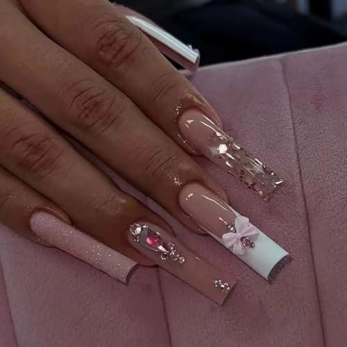 24pcs Long Press on Nails French Tip False Nails White Edge Nude Pink Glitter Gold Fake Nail Bow Rhinestone Stick on Nails Removable Glue-on Acrylic Nail Tips Accessories for Women