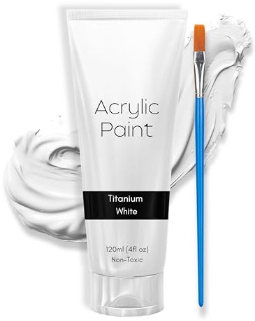 Acrylic Paint 120ml with Bonus Brush - Non Toxic - Vibrant Colours for Artists of All Levels Acrylic Paint Supplies for Wood, Fabric, Crafts, Canvas, Leather, Stone - Water based White