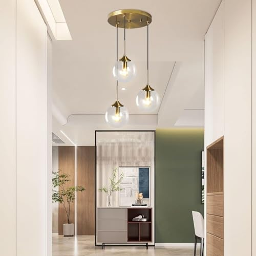 VTAMng Hängende Beleuchtung Glaskugel Kronleuchter Kücheninsel 3 Lichter abgehängte Deckenlampe höhenverstellbar Kugel Lampenschirm Hängeleuchte Gold für Esszimmer Schlafzimmer Flur Pendelleuchte(Clea