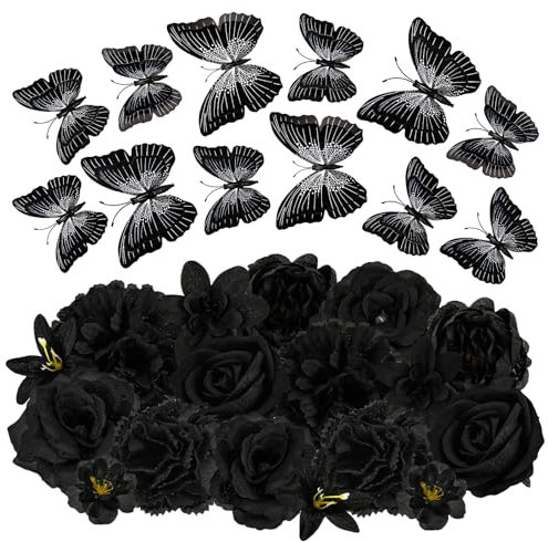 MWOOT 28 Pieces Fleurs Artificielles Papillons 3D, Têtes de Fleurs Rose Œillet Artificielles Noir, Petite Fausse Fleur Deco pour DIY Gâteau Bouquet Couronne Mariage Fête Maison Artisanat