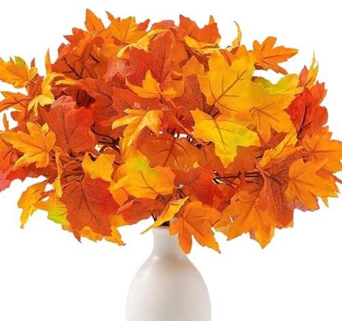 Laelfe 5 Ramas de Hojas de Arce Artificiales de Otoño, 35 cm Tallos de Hojas Falsas de Otoño Plantas de Tallo de Hojas de Arce de Seda Falsa para Decoraciones de Fiesta de Acción de Gracias y Chimenea