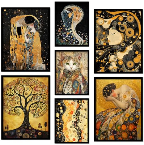 ag.art deco® Poster Ohne Rahmen Wanddeko Wohnzimmer Ideal als Geschenk Flur | Premium XXL 7 Gustav Klimt Abstrakt Wandbild Klimt Style Baum des Lebens Katze Modern Bild Gold Mehrteilige Wanddeko