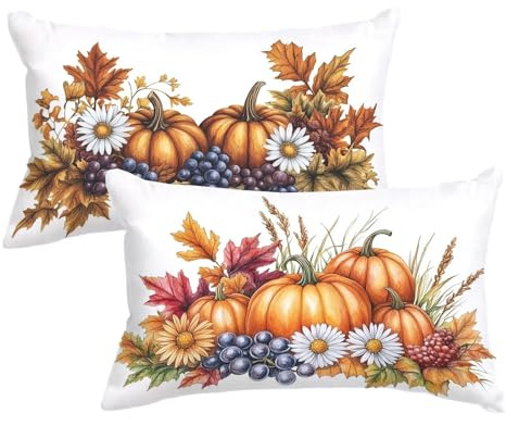 Kissenbezug 40 x 80 Herbst Sofakissen Kürbis Kopfkissenbezug Set 2er Leinen Kopfkissen mit Verdecktem Reißverschluss Rechteck Kissenbezüge Dekokissen für Deko Wohnzimmer, Geschenke für Frauen P-17