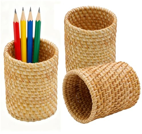 MospdyGear 2 Stück Rattan Geflochtener Schreibtischorganisator, Handgefertigter Stifthalter und Makeup-Pinselständer, Stilvolle Aufbewahrungslösung für Zuhause und Büro (3)