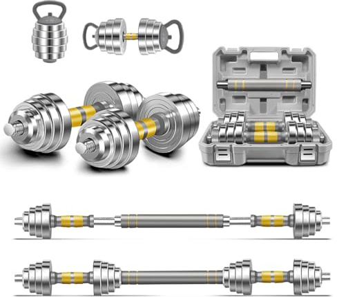 PHOEROS Adjustable Dumbbell Set 20/30/40 kg Weights Set, Dumbbell Barbell Kettlebell 3 in 1, Steel Dumbbells Pair with Connecting Bar for Fitness Workout Home, Sports Equipment for Men and Women (20