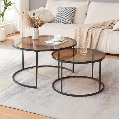 [en.casa] Set de 2 Tables Basses Rondes Gigognes de Tailles Différentes Table d'Appoint Bout de Canapé Gain de Place Design Moderne Stable Verre Trempé Acier MDF Verre Fumé Marron