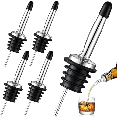 QZKJQDD 5 Pcs Speed Pourers, Bottle Pourers for Spirits, Stainless Steel Liquor Pourer, Tapered Spout with Rubber Dust Caps, for Olive Oil Coffee Syrup Vinegar Bottles, Spirits Bottles