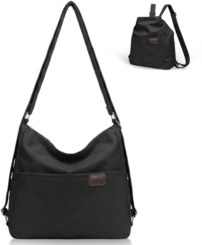Prizmxed Rucksack Tasche 2 in 1 Damen, Wasserdichte Nylon-Schultertasche, kann als Rucksack oder Umhängetasche verwendet werden, geeignet für Pendeln, Schule, Reisen und Einkaufen. (Schwarz)