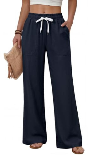 Fashora Pantalon Femme Été Fluide Pantalons Taille Haute Elastique Pantalons Décontractés Ample Droites Longueur Palazzo Pants Léger Chic et Elegant avec Cordon Poches