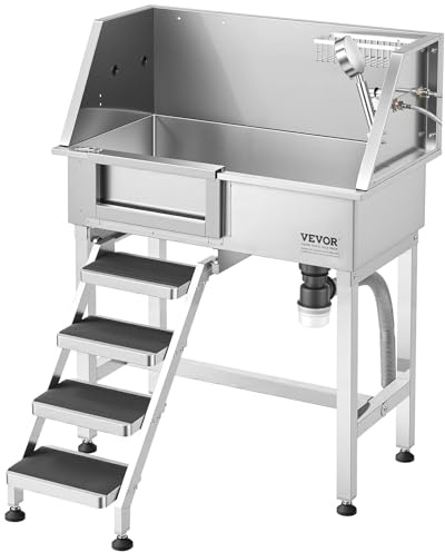 VEVOR 34 Dog Washing Station Professional Stainless Steel Pet Grooming Tub Bathtub Dog Wash Sink with Shower Faucet Soap Holder Non-Slip Stairs Easy-Clean for Small Dogs Cats Left Door