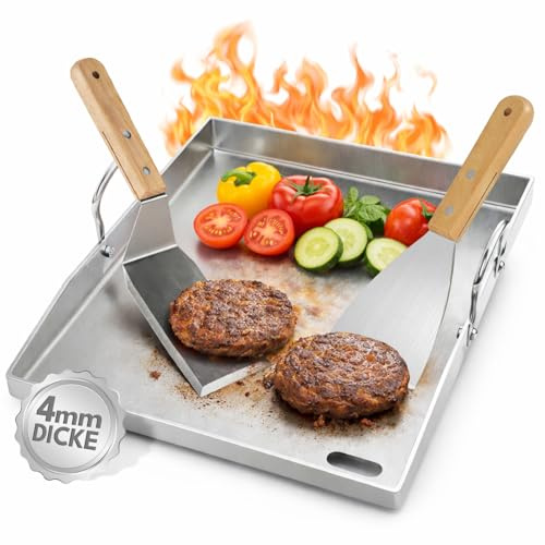 Peviasot Edelstahl Grillplatte 4 mm stark 40x30 cm mit Fettrinne & 2 Grillspachteln – Massive Plancha für Gasgrill, Holzkohlegrill & BBQ – Grillplatte ohne Beschichtung