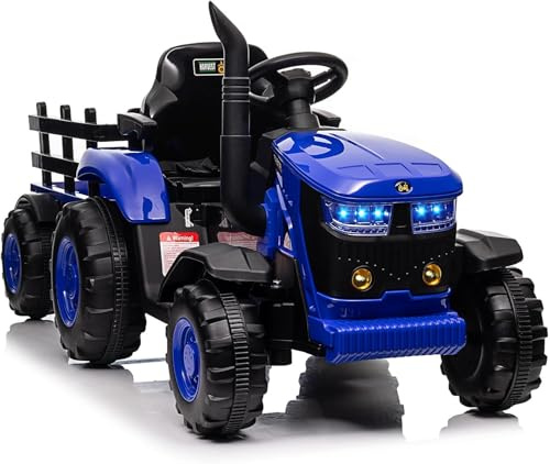 12V Elektrischer Traktor für Kinder mit Anhänger, Elektroauto Aufsitzfahrzeug mit Fernbedienung, LED Licht & Musik, 2 Fahrmodi, Abnehmbarer Anhänger, für Kinder ab 3 Jahre, Blau