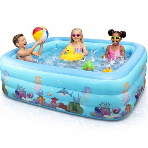 210cm Inflatable Kids Swimming Pool, Three-Tier Square Family Paddling Pool, Large Printed Garden Water Pool for Outdoor Summer Fun, Durable Blow-Up Pool for Children & Adults (Blue)