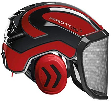 PROTOS® Sicherheitshelm Integral Forest Gehörschutz, Farbe:schwarz/rot, Ausstattung:grobes Visier