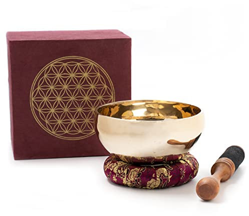 Tibetische Klangschale mit Blume des Lebens - Gravur I 350-400 g I Hochglanzpoliert I Handgeschmiedet I für Meditation, Yoga, Entspannung I Fair Trade aus Nepal I Inkl. Zubehör und Loktapapier-Box (L)