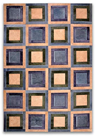 Livorio Designer Patchwork Kuhfell-Teppich - B120 x L180cm - blau beige Quadrate Rechtecke geklebt ohne Naht