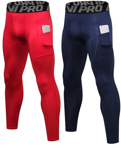 LNJLVI Kompressionshose Herren Sport Leggings Atmungsaktive Trainingshose für Jogging Fitnessstudio Laufen (Navy-Rot,L)