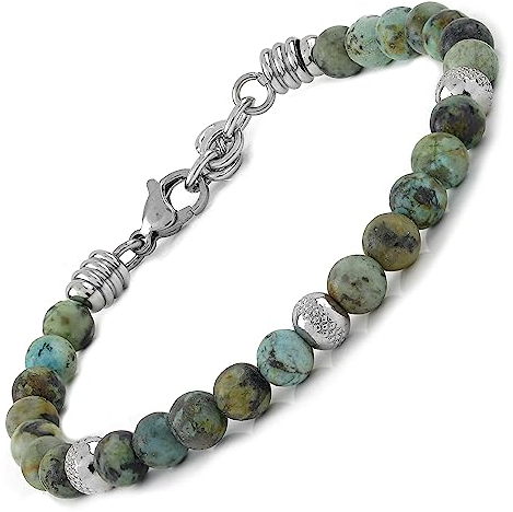 10:10 Edelstahlarmband und 6 mm afrikanische Türkis-Natursteine, Armband für Männer und Frauen. Verstellbares Armband Made in Italy…