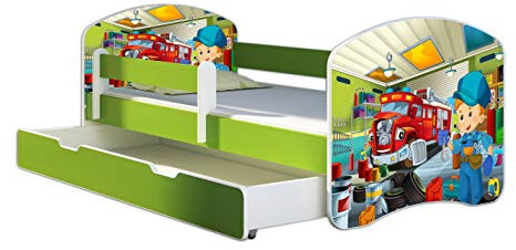 ACMA Kinderbett Jugendbett mit Einer Schublade und Matratze Grün mit Rausfallschutz Lattenrost II 140x70 160x80 180x80 (45 Mechaniker, 180x80 + Bettkasten)