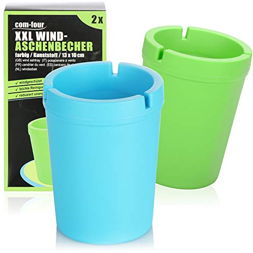 COM-FOUR® cendriers 2x XXL pour l'extérieur - cendriers coupe-vent - gobelets tempête avec couvercle - cendriers de voiture, Ø 10 cm (vert + bleu)