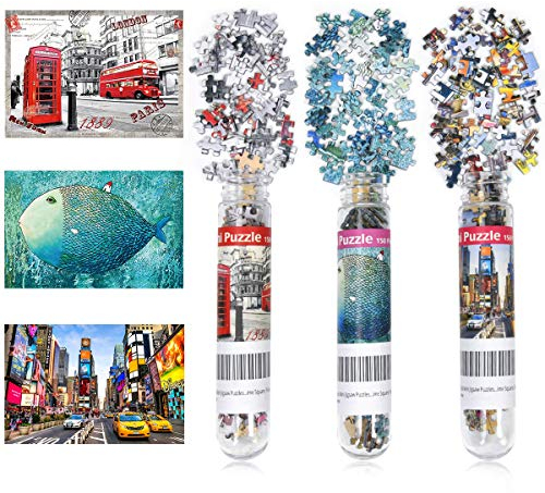LUUFAN 3 Pack Mini -Puzzles für Erwachsene 150 Stücke, die EIN kleines Puzzle -Puzzle 6 x 4 Zoll Unterhaltungsspielzeug für Wohnkultur herausfordern ((London, Time Square, Fisch und Haus))
