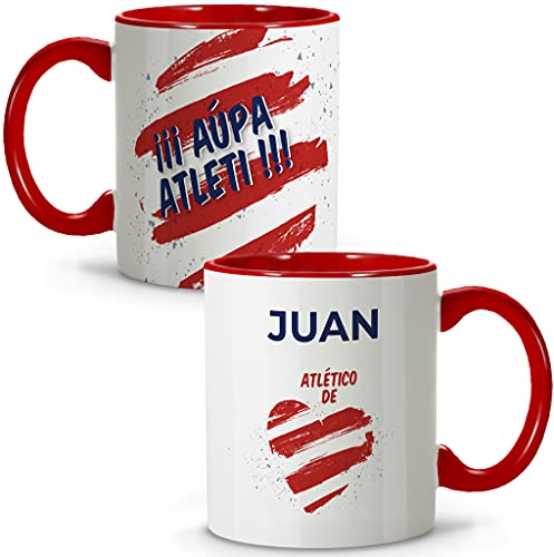 LolaPix Taza ATLÉTICO. Tazas Personalizadas con Nombre. Taza Desayuno fútbol. Taza de cerámica 330ml. Varios diseños.