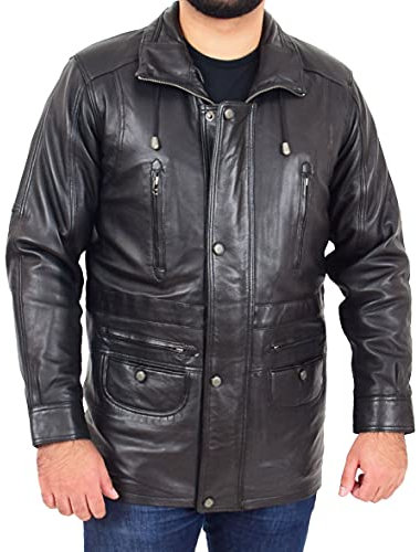 A1 FASHION GOODS Mens Genuine Soft Leather Car Coat 3/4 Long Relaxed Fit Classic Parka Jacket Miller (Black/Plain, XL)