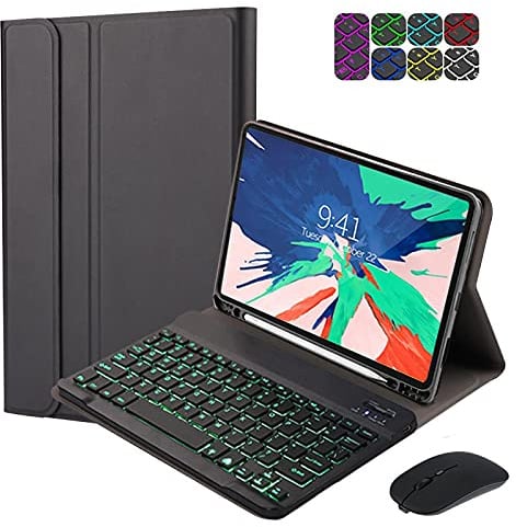 QYiD Funda para teclado para iPad Pro de 11 pulgadas 2018/2020 (1ª/2ª), ligero Folio PU cuero desmontable Bluetooth inalámbrico, 7 colores retroiluminados, Smart Folio Funda de cuero, negro