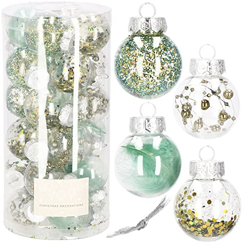 SPRINGOS Weihnachtsbaumkugeln aus Kunststoff mit Federn Konfetti 24 Stück. transparente Kugeln gefüllte Christbaumkugeln 4 Designs Weihnachten Party Hochzeiten