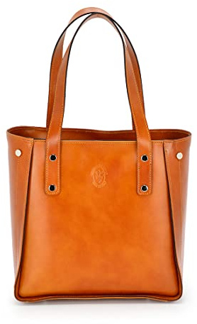 Vera Pelle Sac à Main pour Femme, Cabas en Cuir, Cartable, Classique, Élégant, Exclusif, Pratique, avec Bretelles Courtes et Longues, Grand, 26x27x14 cm, Marron