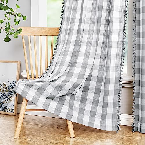 Treatmentex Grau Weiß Buffalo Kariert Gardinen mit Kräuselband Vorhang Halbtransparente 135CM Breite Gardinen Landhausstil für Bauernhaus,Schlafzimmer,Wohnzimmer-2 Stück(Grau Weiß,135x225cm)