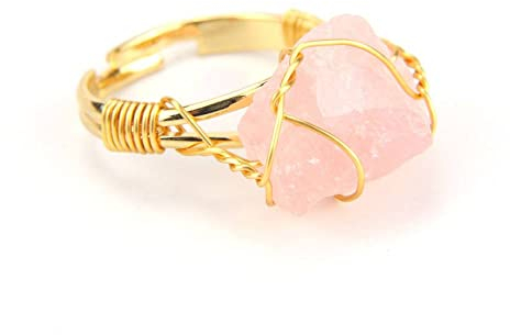 Ring Damen, Natürlicher Rosenquarz Stein Kristall Offene Ringe Unregelmäßige Goldene Fadenwicklung Stapelbare Reiki-Balance Verstellbare Fingerringe Schmuck Hochzeitsgeschenk Für Frauen Männer