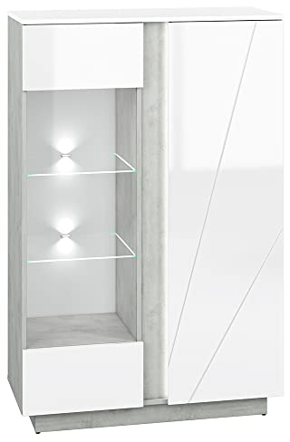Lomadox Wohn-/Esszimmer Highboard in Beton Optik mit weiß Glanz, B/H/T ca. 92/141/40 cm