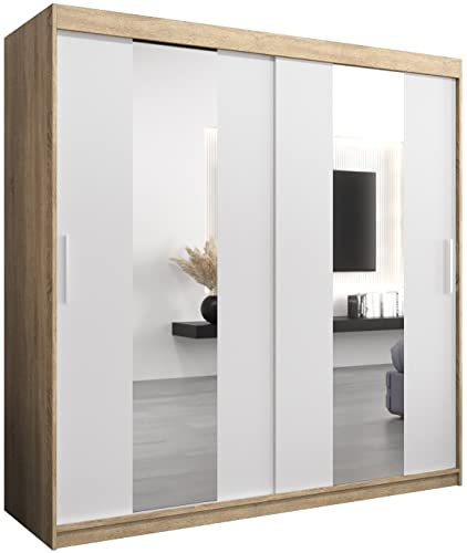 MEBLE KRYSPOL Pole 200 Schlafzimmerschrank mit Zwei Schiebetüren, Spiegel, Kleiderstange und Regalen – 200x200x62cm - Sonoma + Mattweiß