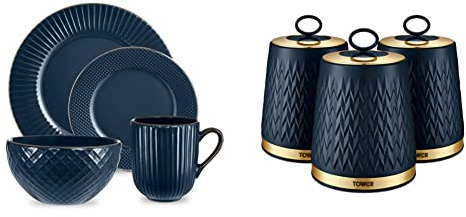 Tower T867002MNB Empire 16 Piece Dinnerware Set, Stoneware, Midnight Blue and Brass & Empire Kitchen Storage Canisters, Tea Coffee Sugar Set