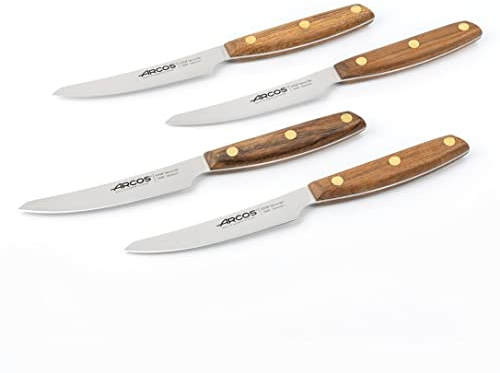 Arcos Serie Nordika - Set 4 Cuchillos Chuleteros - Acero Inoxidable NITRUM - Hoja de 100 mm - Mango de Madera Ovengkol 100% natural de bosques certificados FSC® - Embalaje 100% reciclado
