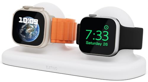 ELETIUO Dual Charger Stand Compatible with Apple Watch Series 49/46/45/44/42/41/40/38mm iWatch Ultra2/Ultra/10/9/8/SE2/7/6/SE/5/4/3/2/1,Silicone Charging Dock Organizer Supports Night Stand Mode,White