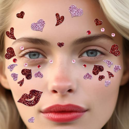 Herz Sticker Gesicht, Glitzer Gesichtstattoo Karneval, Love Face Tattoo Aufkleber, Amor Kostüm Accessoires Damen, Temporäres Glitter Gesichtssticker für Karneval Fasching Schminke