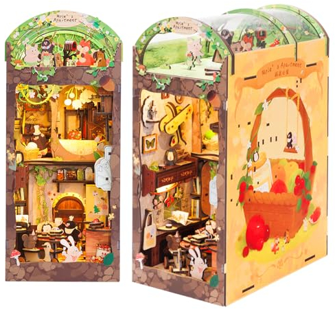 Fsolis DIY Book Nook Kit,Puppenhaus Miniatur Haus Kit mit LED Leuchten und Einsteckbar Staubschutzplatte,3D Puzzle Buchstützen aus Holz,Book Nook Kreative Geschenke für Jungen und Mädchen