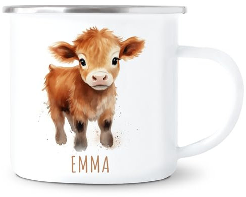 Kuh Emaille Tasse Kinder Trinkbecher personalisierte Kindertasse mit Namen süßer Kinderbecher für Mädchen & Jungen Geschenk Emaille Becher 300 ml