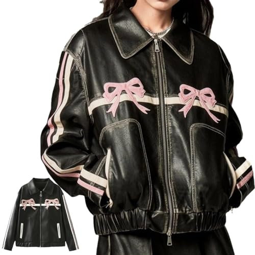 ADTEMP Veste en cuir Bow, veste Bow, veste de motard noir vintage femme, veste en cuir arc rose, veste en cuir moto Bow (Color : Pink, Size : S)