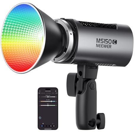 NEEWER MS150C RGBWW LED Video Light with 2.4G/APP Control, 150W Metal Mini RGB COB Continuous Output Lighting Bowens Mount Handheld Spotlight 2700K-6500K, 18000lux/1m, CRI97+/TLCI98+,17 Effects, RGBCW