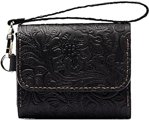 sayy Handgefertigtes Geldbörse Damen Klein Leder, Mini Portemonnaie, Slim Wallet for Women, Geldbeutel Handgelenkschlaufe und Reißverschluss mit Münzfach, Kartenhalter Portmonee (Schwarz)