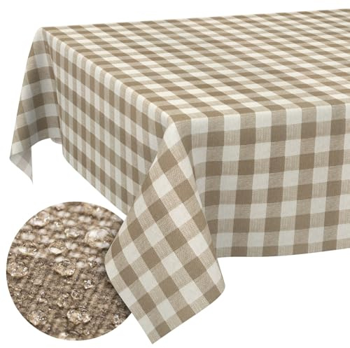 Tischdecke Stoff abwaschbar Tischtuch Tafeldecke pflegeleicht Lotuseffekt schmutz- & wasserabweisend für Indoor Outdoor Tischdecke 180x100cm Schnittkante Karo Beige