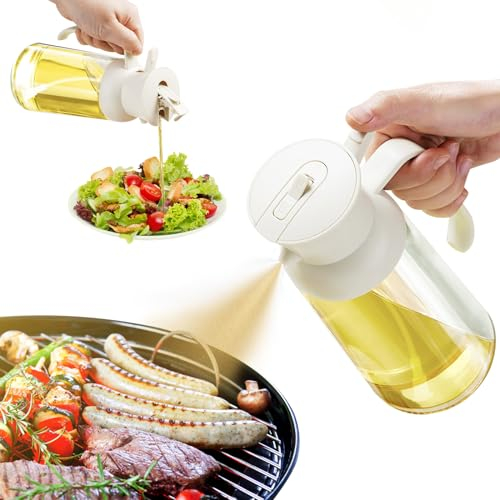 YARRAMATE 18oz/550ml Olive Oil Sprayer Mister with Measuring Scale, 2-in-1 Glass Bottle Dispenser for Cooking, Pour and Spray, Kitchen Use for Air Fryer, BBQ (Creamy White)