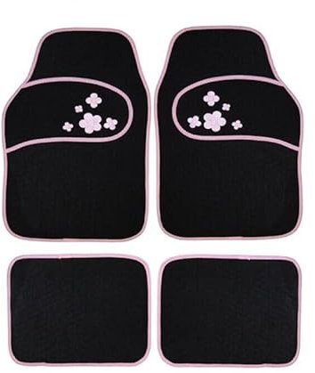 Generico Tappetini Auto in Moquette, Universali, Ricamo Floreale e Bordo Rosa, per Abitacolo, Anteriori e Posteriori, Antiscivolo, Set Completo 4 Pezzi