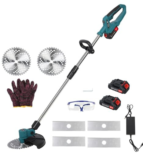 Débroussailleuse Electrique sans Fil 2.0Ah Coupe Bordure avec 2 Batterie et Chargeur Taille Bordure avec Roues & avec 3 Type De Lames, Pliage Rétractable Tête Pivotante 90°pour Jardin Élagage (Bleu)