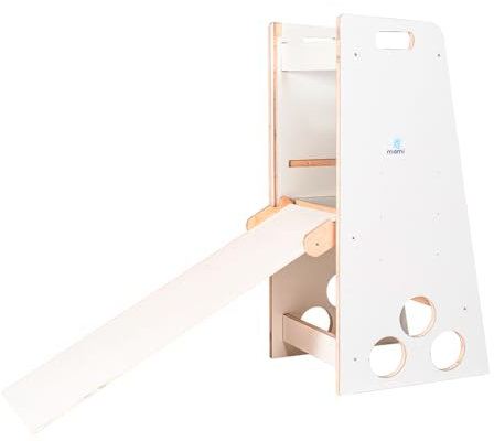mamikids Learning Tower - Tour Montessorienne en bois naturel avec toboggan pour enfants 2-6 ans, tourelle Montessorienne d'apprentissage, transformable en échelle, table, tabouret enfant, fabriqué en